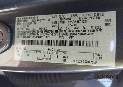 2023 Ford Escape Active из США, поврежденный, VIN 1FMCU0GN2PUB13370